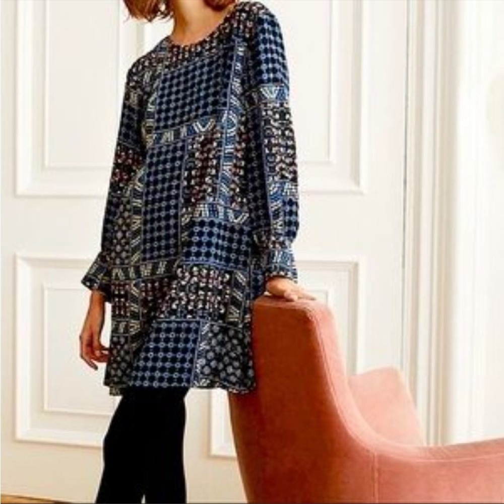 Ann Taylor Loft Dress Bohemian Floral Patchwork Quilt Long Sleeve Lined Blue 2